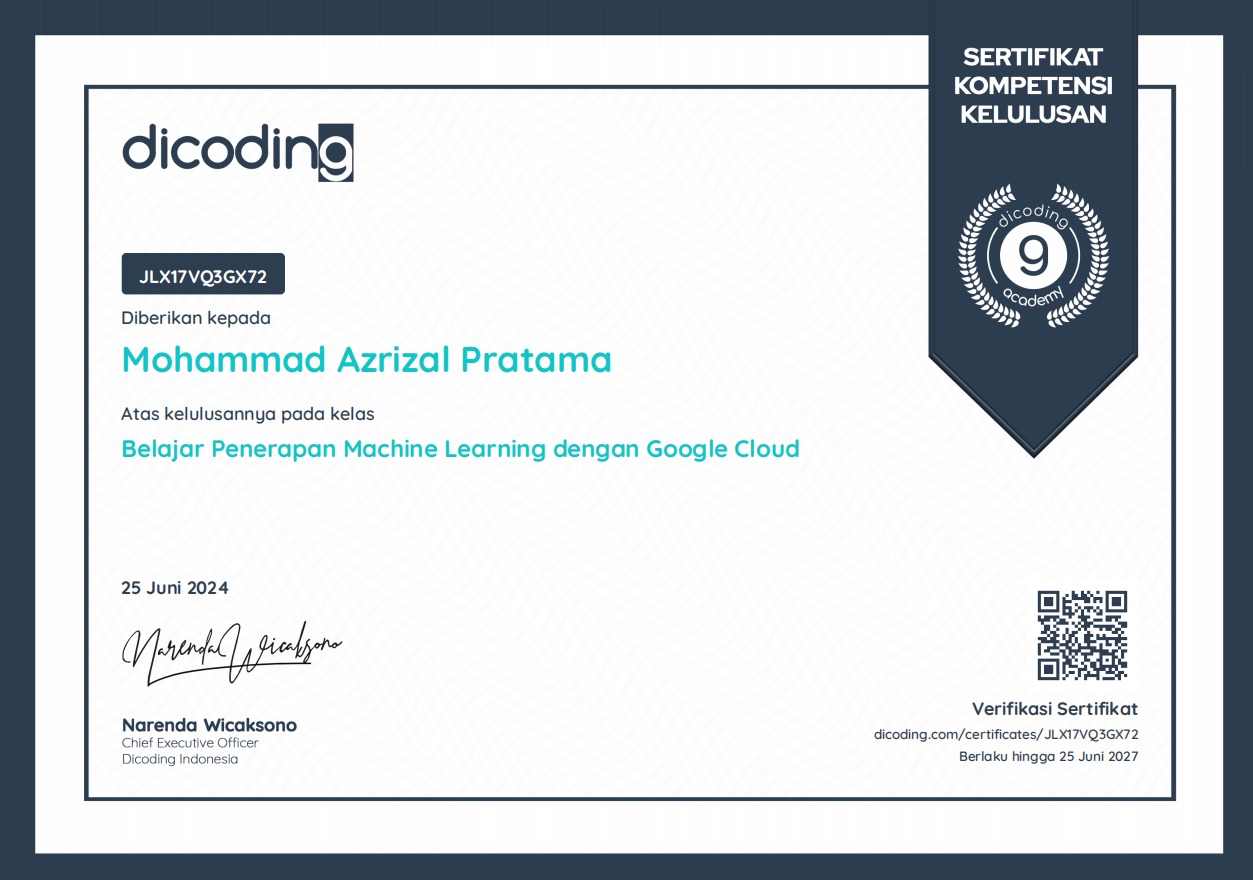 Sertifikasi Dicoding - Mohammad Azrizal Pratama - Belajar Penerapan Machine Learning dengan Google Cloud