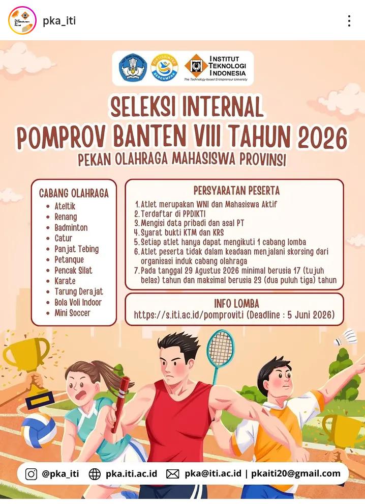 Daftar Sekarang! Seleksi Internal POMPROV Banten 2026 Institut Teknologi Indonesia