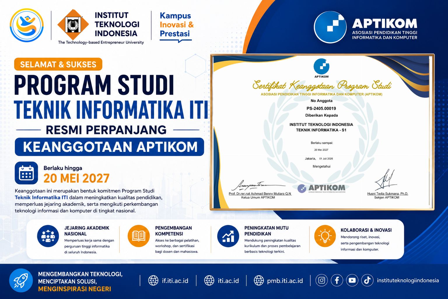 Program Studi Teknik Informatika ITI Resmi Perpanjang Keanggotaan APTIKOM hingga Tahun 2027